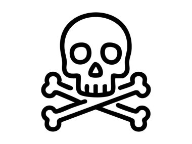 Beyaz arka planda izole edilmiş çapraz kemik ikonu olan siyah kafatası çizgisi, grafik çizimi. Tehlike, tehlike, uyarı, toksik sembol, dikkat, ölüm amblemi.