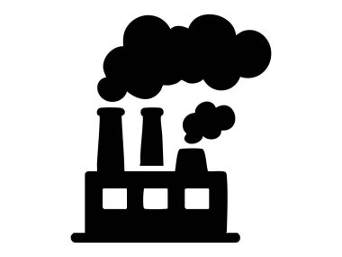 Beyaz arka planda izole edilmiş, duman bulutları yayan fabrikanın siyah silüeti, grafik çizimi. Çevre kirliliği, endüstri, ikon, tasarım elementi kavramı.