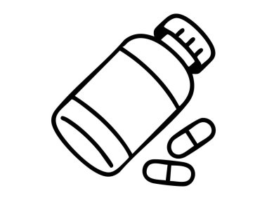 Beyaz arka planda izole edilmiş siyah ilaç şişesi ve kapsülleri tasviri. Sağlık, ilaç, ilaç, tıbbi ikon, logo, tasarım elementi kavramı.