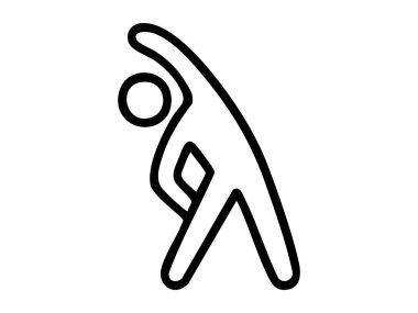 Beyaz arka planda izole edilmiş esneme egzersizi yapan kişinin siyah çizgi simgesi, grafik çizimi. Fitness aktivitesi kavramı, sabah egzersizi, sağlıklı yaşam tarzı, tasarım elementi.