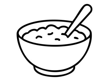 Beyaz arka planda izole edilmiş yulaf lapası dolu siyah kâse çizgisi, grafik çizimi. Kahvaltı konsepti, yemek ikonu, yemek, mutfak gereçleri, tasarım öğesi.