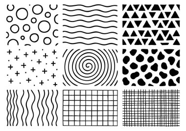 Farklı şekil ve dokularda siyah ve beyaz geometrik desenler, beyaz arkaplanda grafik çizimleri. Tasarım konsepti, modern sanat, dekorasyon, tekstil baskısı, duvar kağıdı.