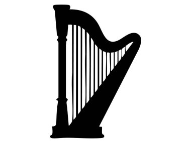 Arp 'ın siyah silueti, beyaz arka planda izole edilmiş, grafik çizimi. enstrüman konsepti, yaylı müzik, orkestra, melodi, tasarım ögesi, simge.