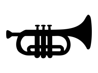 Siyah trompet silueti, beyaz arka planda izole edilmiş, grafik illüstrasyon. Müzik konsepti, pirinç enstrüman, caz sembolü, simge, logo, tasarım ögesi.
