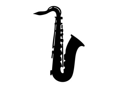 Beyaz arka planda izole edilmiş siyah saksafon silueti, grafik çizim. Müzik konsepti, caz enstrümanı, simge, logo, konser posteri, tasarım unsuru.