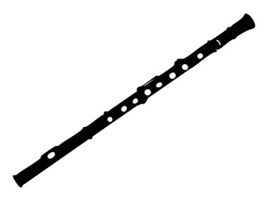 Klarnetin siyah silueti beyaz arka planda izole edilmiş, grafik çizimi. Müzik enstrümanı konsepti, ahşap rüzgar, orkestra, ikon, logo, tasarım unsuru.