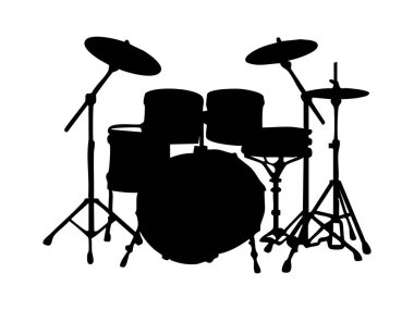 Bateri takımının siyah silueti beyaz arka planda izole edilmiş, grafik illüstrasyon. Müzik enstrümanı, perküsyon, bant ekipmanı, simge, logo, tasarım elementi konsepti.