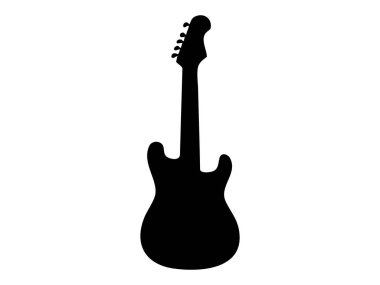 Elektro gitarın siyah silueti, beyaz arka planda izole edilmiş, grafik çizimi. Müzik konsepti, müzik enstrümanı, rock, simge, logo, tasarım ögesi.