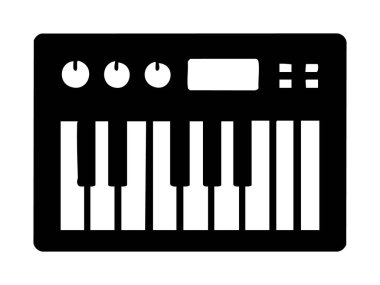 Elektronik klavyenin siyah silueti beyaz arkaplanda izole edilmiş, grafik illüstrasyon. Müzik enstrümanı konsepti, müzik üretimi, sentezleyici, simge, logo, tasarım ögesi.