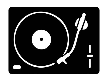 Beyaz arka planda izole edilmiş vinil pikabın siyah silüeti, grafik çizimi. Müzik konsepti, DJ ekipmanları, retro, sound, nostalji, tasarım unsuru, simge, logo.