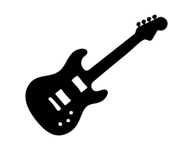Elektro gitarın siyah silueti, beyaz arka planda izole edilmiş, sanatsal çizimler. Müzik, rock, ses, enstrüman, simge, logo, tasarım ögesi konsepti.