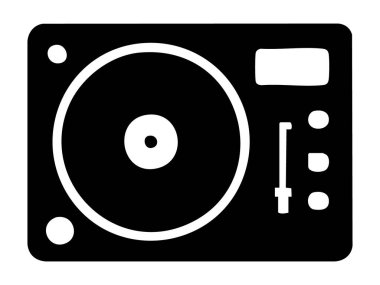 Dj pikabının siyah silueti beyaz arkaplanda izole edilmiş, grafik illüstrasyon. Müzik konsepti, DJ ekipmanları, ses donanımı, gece kulübü, simge, logo, tasarım ögesi.