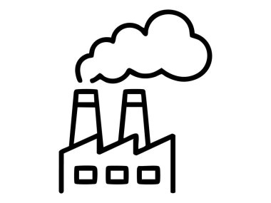 Beyaz arka planda izole edilmiş duman yayan bacalı siyah fabrika çizgisi, grafik çizimi. Çevre kirliliği, endüstriyel emisyonlar, hava kalitesi, ikon, logo, tasarım elementi kavramı.