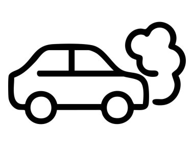 Beyaz arka planda izole edilmiş egzoz dumanı yayan siyah ana hat, grafik illüstrasyon. Çevre kirliliği, araç emisyonları, çevre bilinci, hava kalitesi sorunları kavramı.