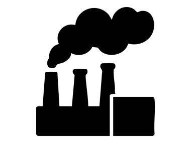 Beyaz arkaplanlı siyah siluet fabrikası, grafik çizimi. Hava kirliliği konsepti, sanayi santrali, çevresel etki simgesi, logo, tasarım elementi.