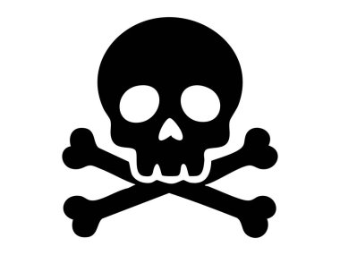 Kafatası ve çapraz kemik simgesi, beyaz arka planda siyah siluet, grafik çizim. Tehlike konsepti, uyarı, zehirli madde, korsan sembolü, tasarım elementi.