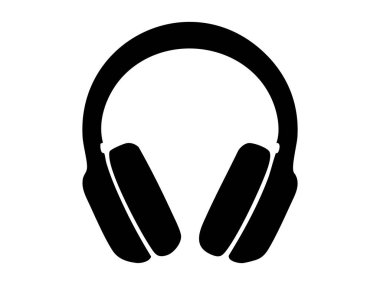 Beyaz arka planda izole edilmiş siyah kulaklık silueti, grafik illüstrasyon. Müzik konsepti, ses aygıtı, ses donanımı, dinleme, simge, logo, tasarım ögesi.