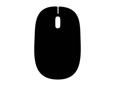 Beyaz arkaplandaki siyah fare silueti, grafik çizimi. Bilgisayar aksesuarı konsepti, ofis aracı, teknoloji aygıtı, simge, logo, tasarım ögesi.