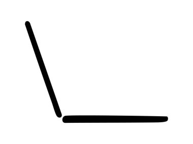 Açık bir dizüstü bilgisayarın siyah silueti, beyaz arka planda izole edilmiş, grafik çizimi. Teknoloji, bilgisayar, modern cihaz, çalışma, dijital, simge, logo, tasarım ögesi.