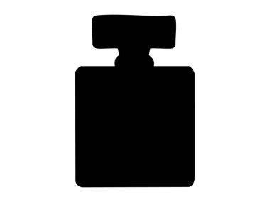 Beyaz arka planda izole edilmiş siyah bir parfüm şişesi. Grafik çizimi. Koku, koku, şişe ikonu, lüks kozmetik, moda, tasarım elementi konsepti.