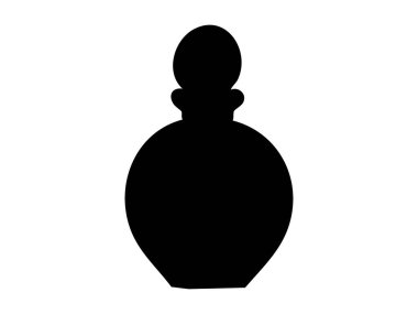 Beyaz arka planda izole edilmiş siyah bir parfüm şişesi. Grafik çizimi. Koku, güzellik, cazibe, ikon, logo, tasarım elementi konsepti.