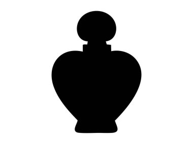 Beyaz arka planda izole edilmiş siyah bir parfüm şişesi. Grafik çizimi. Koku konsepti, koku kabı, moda aksesuarı, simge, logo, tasarım unsuru.