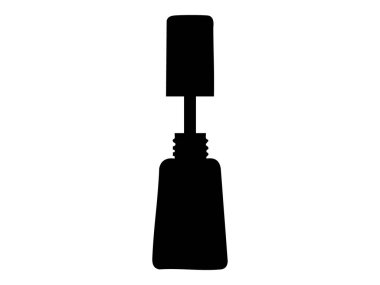 Beyaz arka planda izole edilmiş, siyah oje şişesi ve aplikatör fırçası, grafik çizimi. Manikür kozmetik, güzellik aksesuarı, tırnak bakım ürünü, tasarım elementi kavramı.