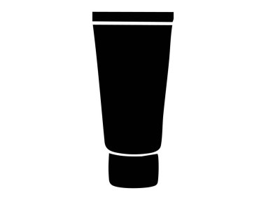 Beyaz arka planda izole edilmiş siyah kozmetik tüp silueti, grafik çizim. Cilt kremi, güzellik losyonu, yüz temizleyici veya el jeli, tasarım elementi kavramı.