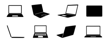 Çeşitli pozisyonlarda, beyaz arka planda izole edilmiş siyah dizüstü bilgisayarların silueti, grafik çizimi. Bilgisayar konsepti, teknoloji, elektronik aygıtlar, simge, logo, tasarım ögesi.