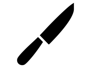 Beyaz arka planda izole edilmiş siyah bıçak silueti, grafik çizim. Pişirme aracı, aşçılık, keskin bıçak, çatal bıçak, şef ekipmanı, tasarım elementi.