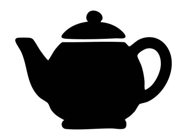Klasik çaydanlığın siyah silueti, beyaz arka planda izole edilmiş, grafik çizimi. Çay, mutfak gereçleri, içecek, ikon, logo, kafe dekorasyonu, tasarım unsuru.