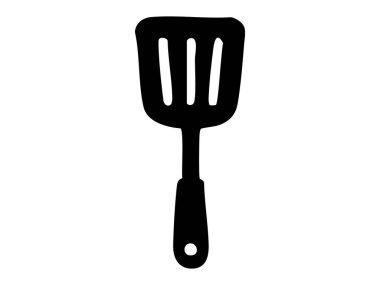 Mutfak spatulasının siyah silueti, beyaz arka planda izole edilmiş, grafik çizimi. Aşçılık, mutfak gereçleri, mutfak gereçleri, ev aşçısı aksesuarları, tasarım unsuru.