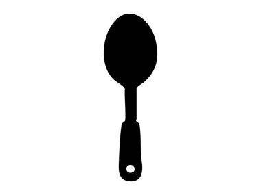 Beyaz arka planda izole edilmiş siyah bir kaşık silueti, grafik çizim. mutfak gereçleri, çatal bıçak, yeme aracı, simge, logo, tasarım elementi kavramı.