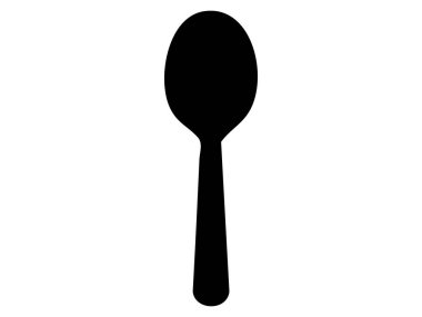 Siyah kaşık silueti, beyaz arka planda izole edilmiş, grafik çizimi. Mutfak gereçleri, yemek aleti, simge, logo, tasarım unsuru, aşçılık sanatı.