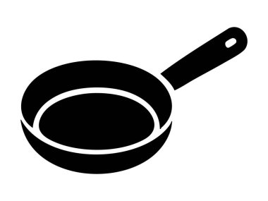 Kabzalı siyah tava silueti, beyaz arka planda izole edilmiş, grafik çizimi. Mutfak gereçleri, yemek pişirme aracı, yemek takımı, simge, logo, tasarım elementi kavramı.