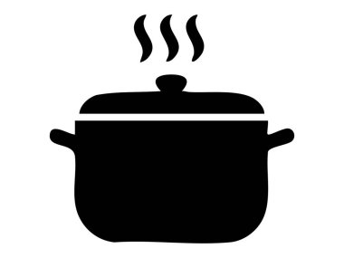 Beyaz arka planda izole edilmiş buharlı siyah tencere silueti, grafik çizim. mutfak gereçleri, pişirme aletleri, ikon, logo, mutfak aracı, tasarım elementi.