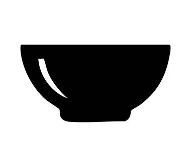 Beyaz arka planda izole edilmiş siyah kâse silüeti, grafik çizimi. Mutfak gereçleri, seramik tabak, yemek pişirme, sofra takımı, simge, tasarım ögesi kavramı.