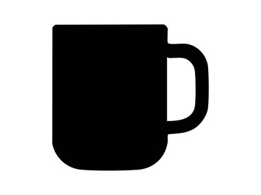 Siyah bir kahve fincanı silueti, beyaz arka planda izole edilmiş, grafik çizimi. içki takımı konsepti, sıcak içecek kabı, kafe simgesi, mutfak gereçleri, tasarım elementi.