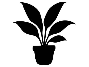 Beyaz arka planda izole edilmiş siyah saksı bitkisi silueti, grafik çizim. Botanik ikon, ev dekorasyonu, ev bitkisi, ev bitkisi, minimalist tasarım sanatı.