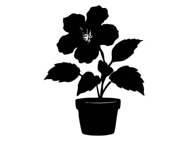 Siyah saksı çiçeği silueti, beyaz arka planda izole edilmiş, grafik illüstrasyon. Çiçek ikonu konsepti, ev dekorasyonu, bitki, doğa, bahçe tasarımı unsuru.