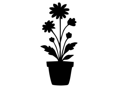 Saksı çiçeğinin siyah silueti, beyaz arka planda izole edilmiş, grafik çizimi. Bahçe işleri, botanik sanatı, ev dekorasyonu, çiçek ikonu, logo, tasarım unsuru.