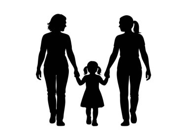 Küçük bir kızla el ele tutuşan iki kadının siyah silueti, beyaz arka planda izole edilmiş, grafik çizimi. Aile kavramı, bağlılık, ebeveynlik, aşk, annelik.