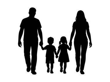 Siyah aile silueti birlikte yürüyor, beyaz arka planda izole edilmiş, grafik çizim. Ebeveynlik kavramı, birliktelik, aile hayatı, birlik, tasarım unsuru.