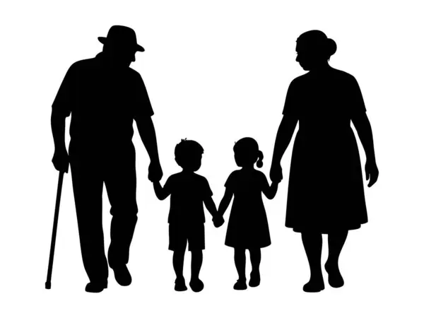 Siyah aile silueti beyaz arka planda yaşlı bir adam, kadın, erkek ve kızla el ele tutuşurken görülüyor. Aile kavramı, nesiller, birlik, bağlar, arkadaşlık.