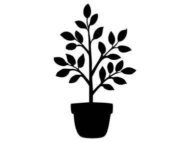 Beyaz arka planda izole edilmiş yaprakları olan siyah saksı bitkisinin silüeti, grafik çizimi. Ev bitkisi konsepti, ev dekorasyonu, botanik sanatı, tasarım unsuru..