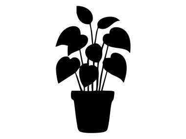 Beyaz arka planda izole edilmiş kalp şeklinde yaprakları olan siyah saksı bitkisi silueti, grafik çizimi. İç mekan yeşilliği, doğa, ev dekorasyonu, tasarım elementi kavramı.