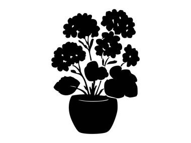 Siyah saksı çiçekli siluet, beyaz arka planda izole edilmiş, grafik illüstrasyon. ev dekorasyonu, botanik sanatı, bahçe, ev bitkisi, iç tasarım konsepti.