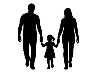 Siyah siluet, el ele yürüyen bir aile, beyaz arka planda izole edilmiş, grafik çizimi. Aile bağı kavramı, çocuklu ebeveynler, birliktelik, sevgi, tasarım unsuru.