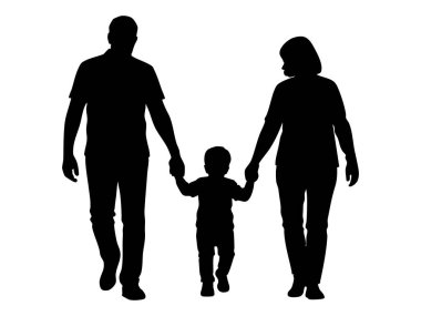 Siyah aile silueti, el ele tutuşan çocuk, beyaz arka planda izole edilmiş, grafik çizimi. Ebeveyn kavramı, aile bağı, aşk, çocukluk, destek, birlik.