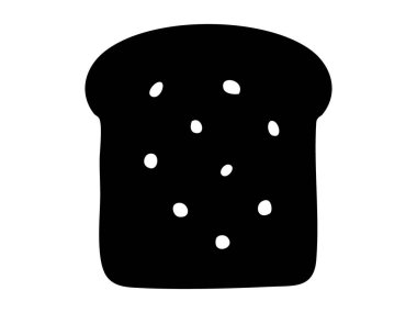Tohumlu veya kuru üzümlü siyah ekmek ya da tost silueti, beyaz arka planda izole edilmiş, grafik çizimi. Kahvaltı kavramı, sandviç ekmeği, fırın ürünü, gıda ikonu, tasarım öğesi.
